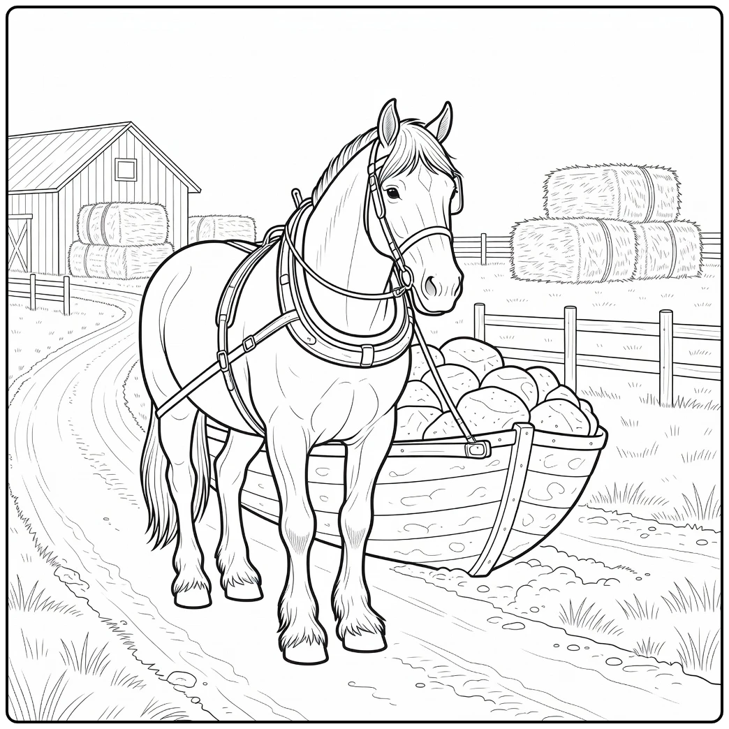 realistic draft horse coloring page of working horse on farm