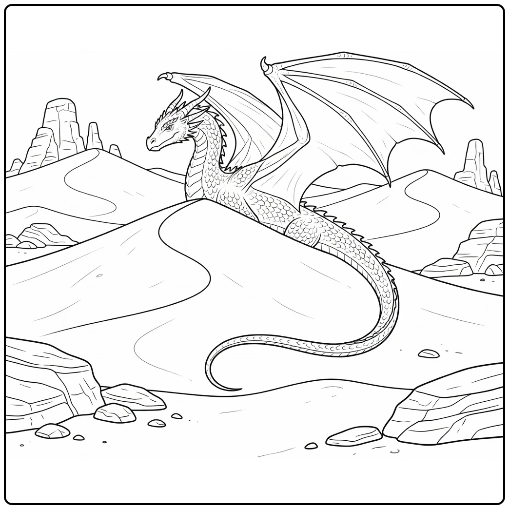 Realistic dragon coloring page hidden in desert dunes
