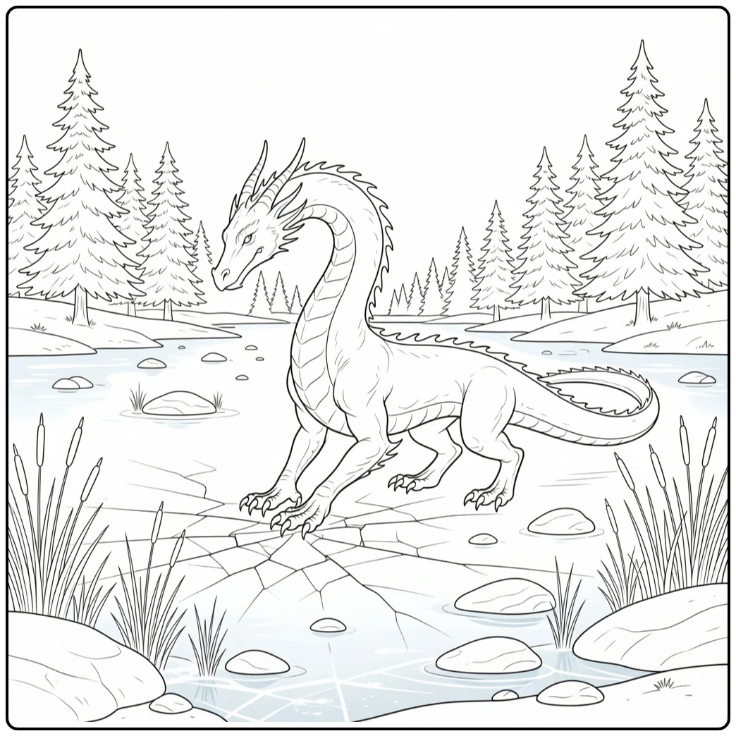 Realistic dragon coloring page over frozen lake with reeds