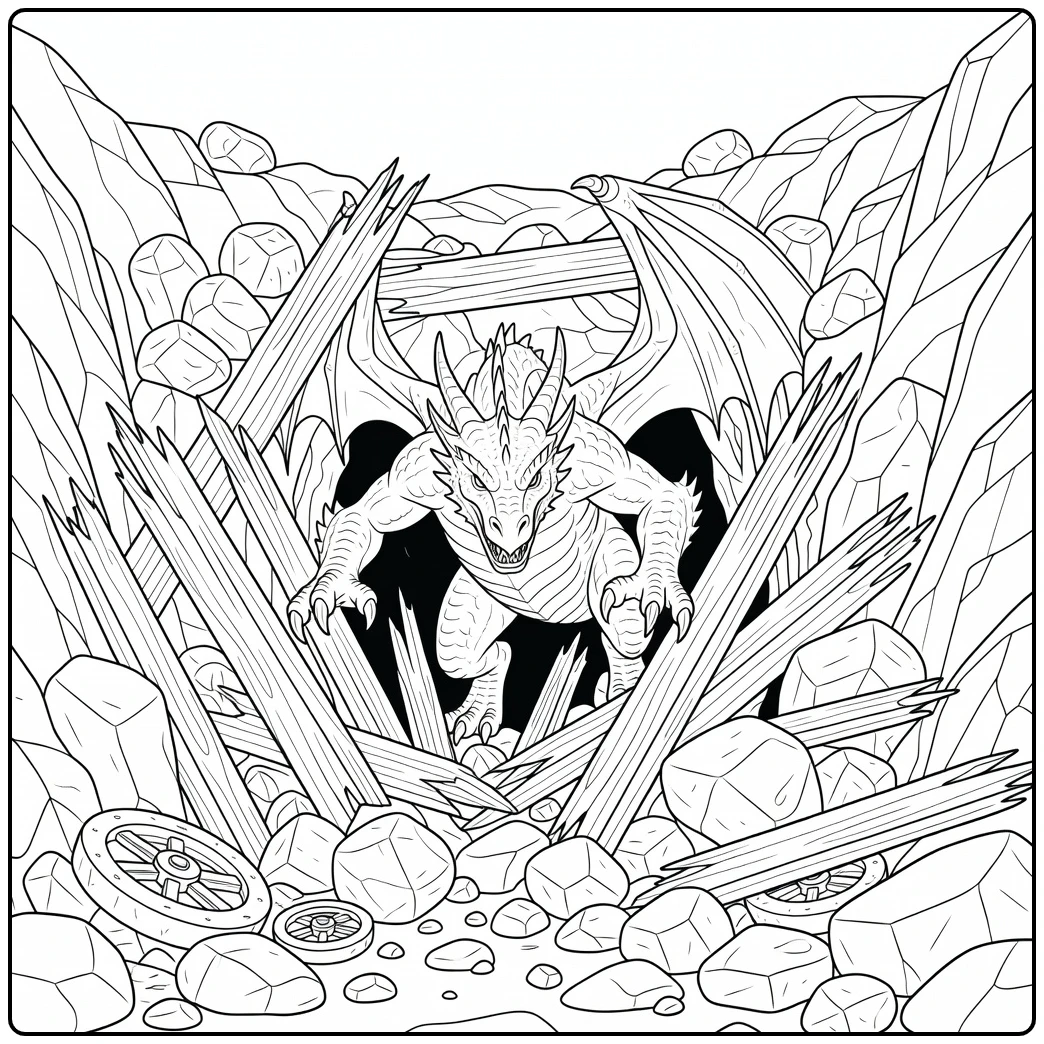 Realistic dragon coloring page claws open collapsed mine