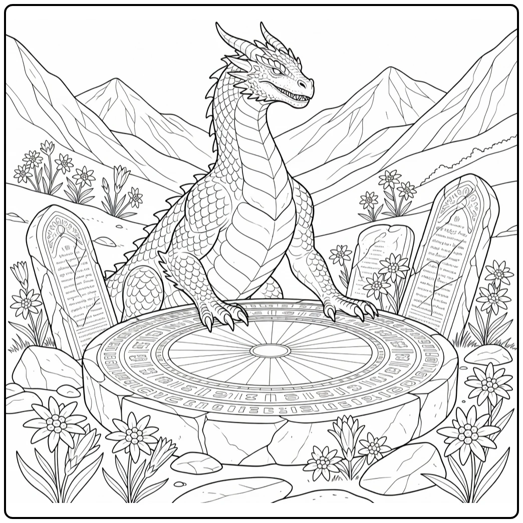 Realistic dragon coloring page for adults: dragon by sundial