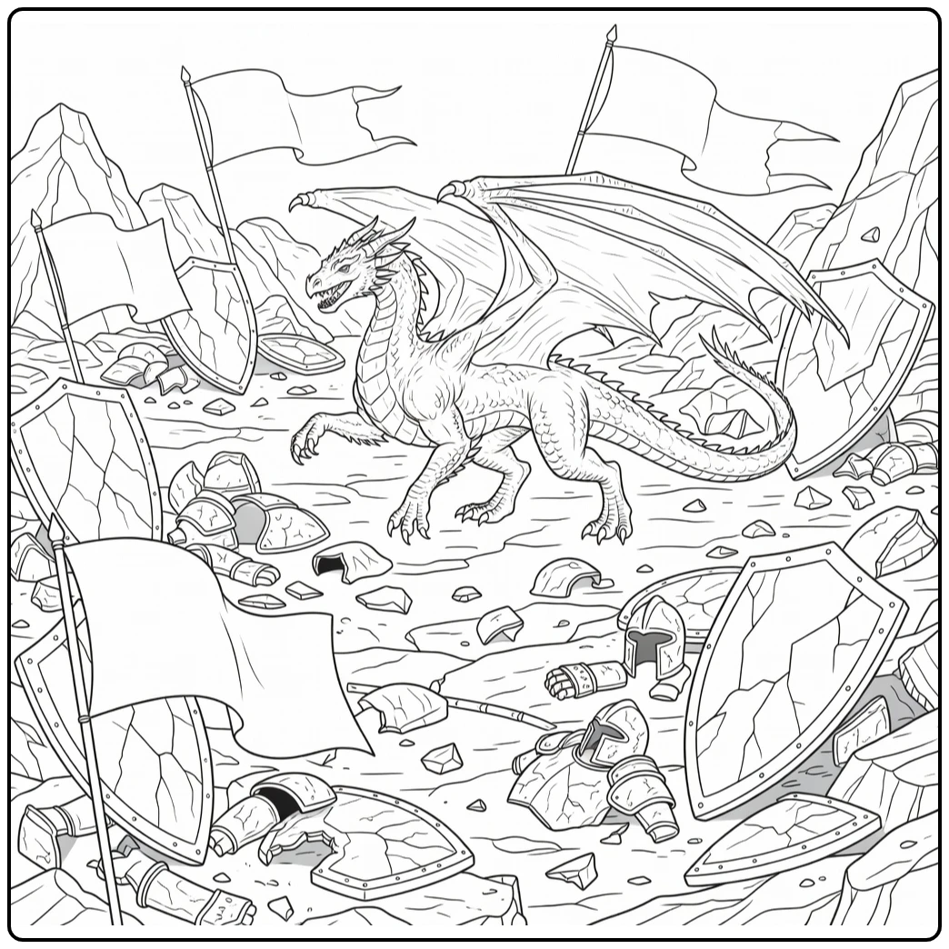 Realistic dragon coloring page for adults: wyvern on shields