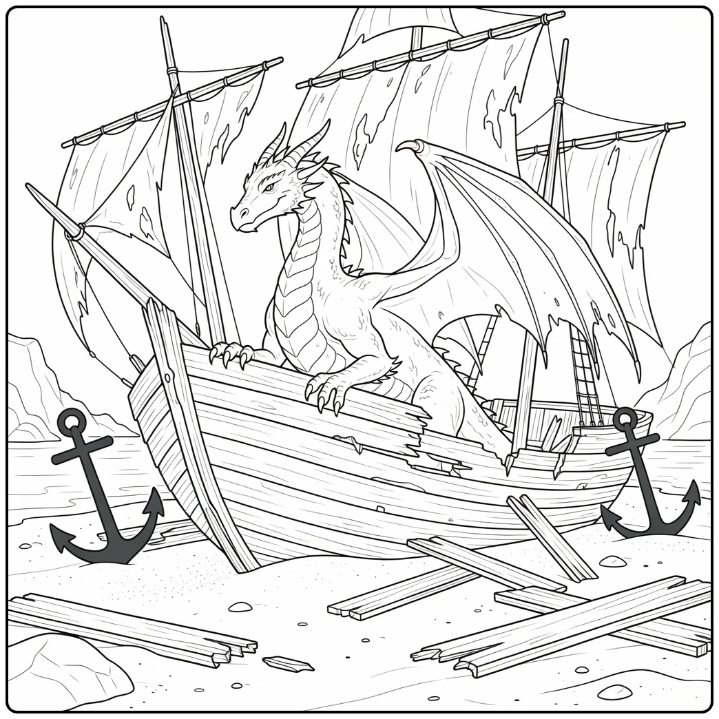 Realistic dragon coloring page: claws over shipwreck shore