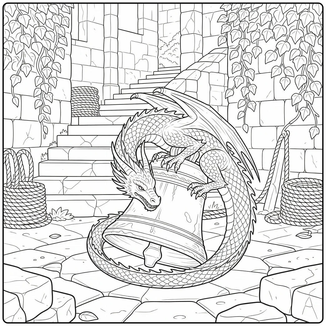 Realistic dragon coloring page curling around massive fallen bell