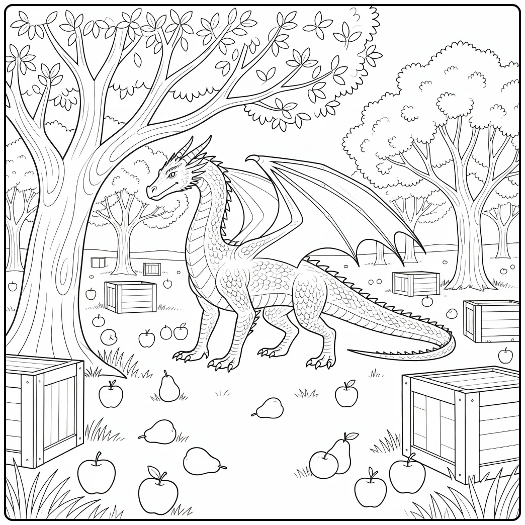 Realistic dragon coloring page: alert in orchard with fruits
