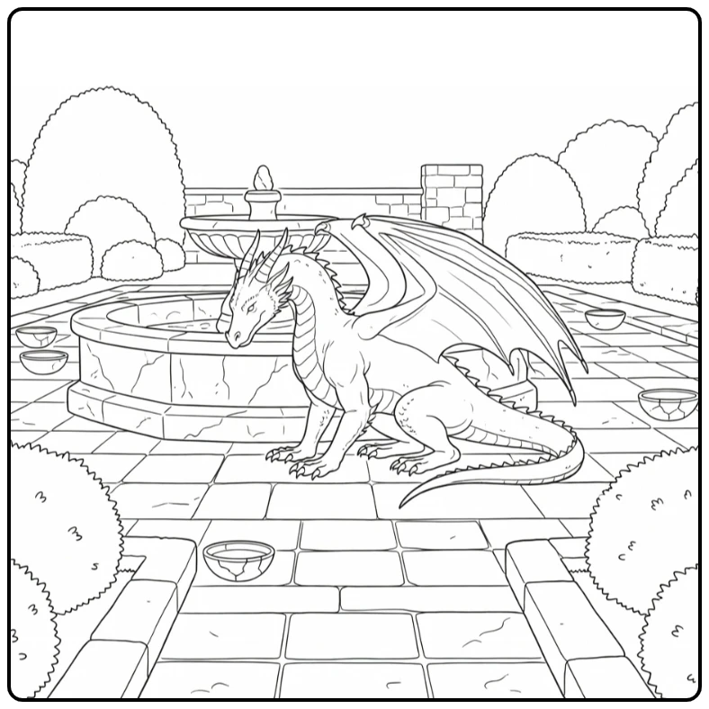 Realistic dragon coloring page: kneeling by old stone fountain