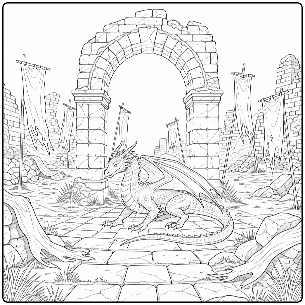 Realistic dragon coloring page crouching under stone arch in ruins