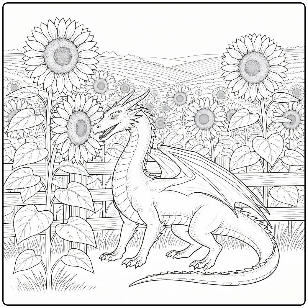 Realistic dragon coloring page sniffing giant sunflower