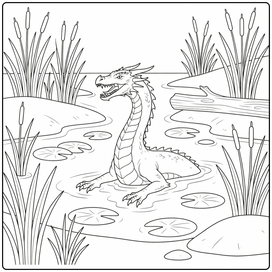 Realistic dragon coloring page rising from marsh pool with reeds