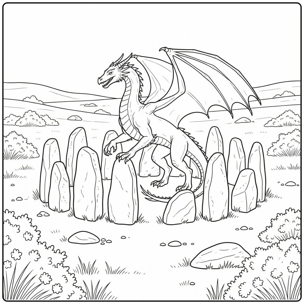 Realistic dragon coloring page rising from moor stone circle