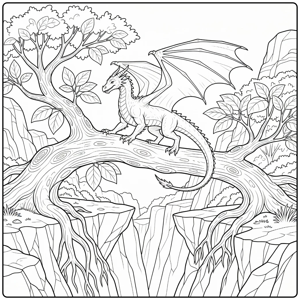 Realistic dragon coloring page balancing on tree over ravine
