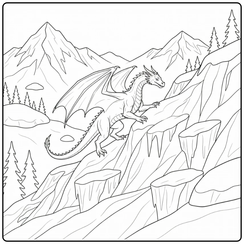 Realistic dragon coloring page climbing glacier ridge