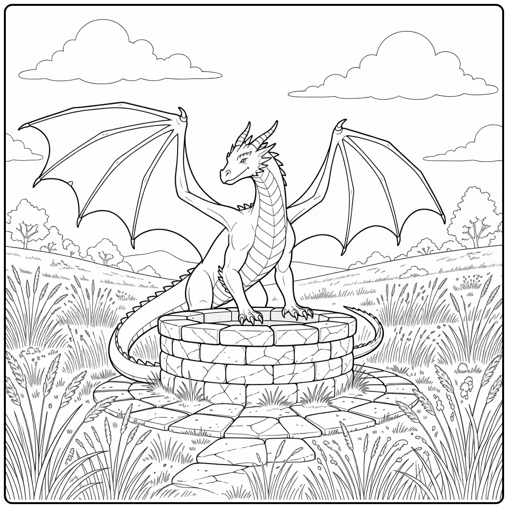 Realistic dragon coloring page guarding wild meadow well