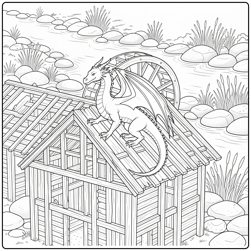 Realistic dragon coloring page on abandoned mill roof