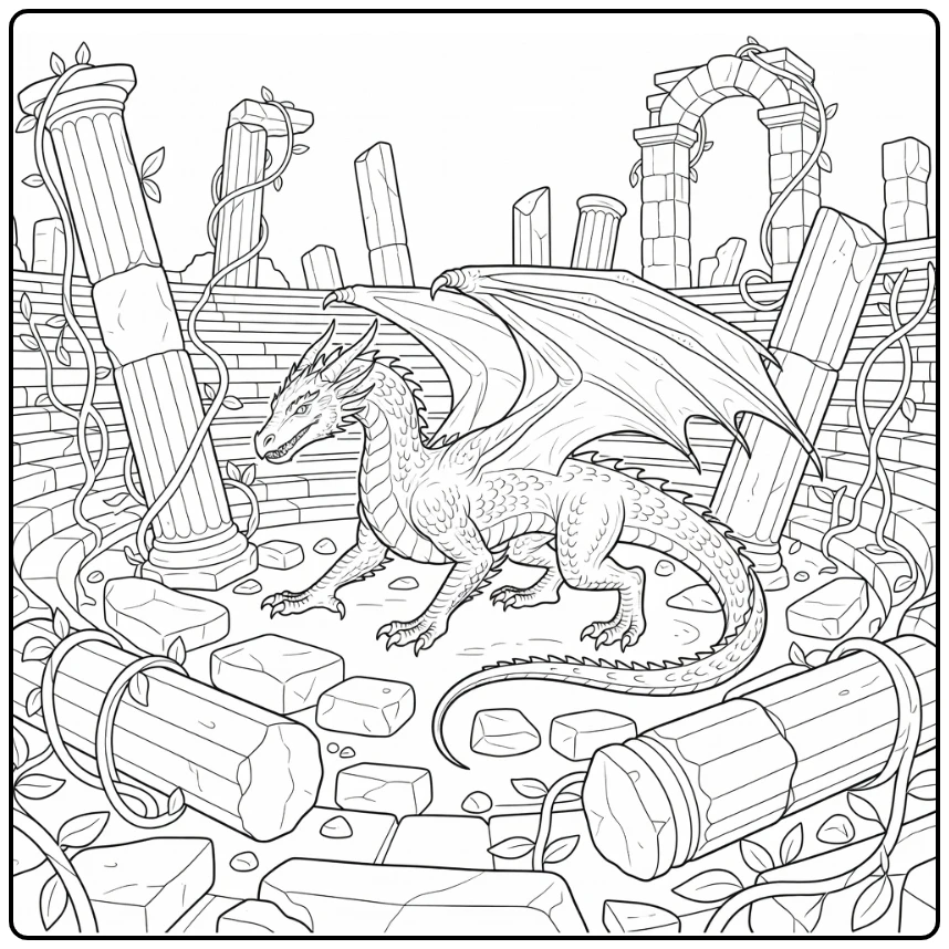 Realistic dragon coloring page in amphitheater ruins