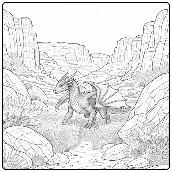 Realistic dragon coloring page in canyon grass and boulders