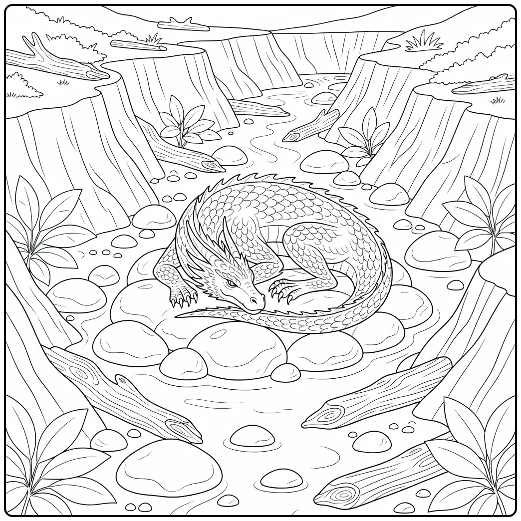 Realistic dragon coloring page curled in dry riverbed on stones