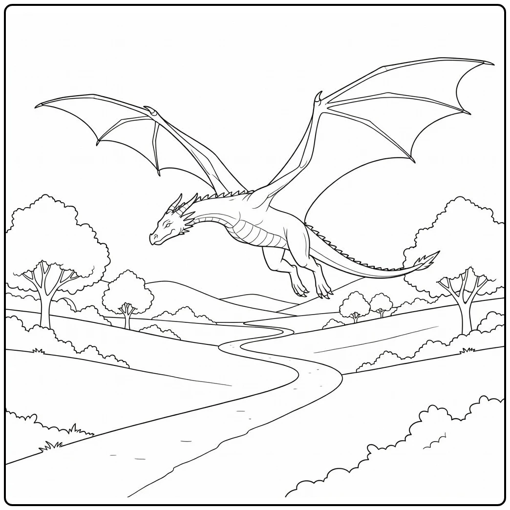 Realistic dragon coloring page gliding over valley hills