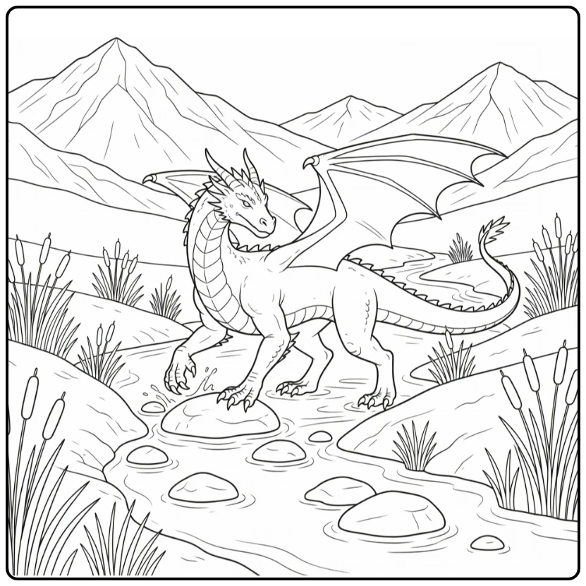 Realistic dragon coloring page crossing shallow stream on stones