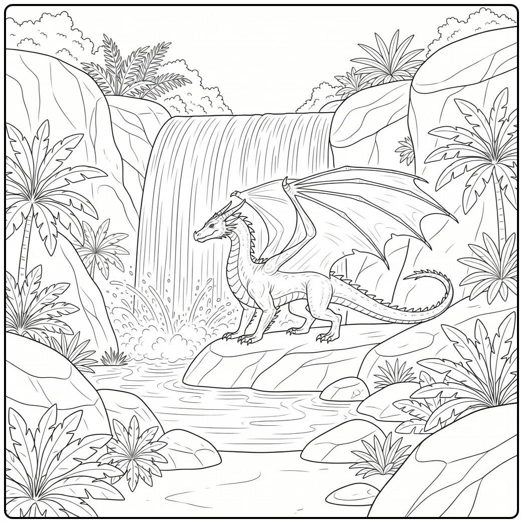 Realistic dragon coloring page by waterfall pool & jungle