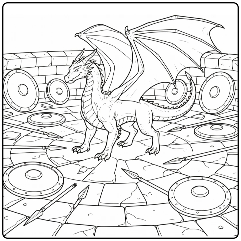Realistic dragon coloring page in battle arena with shields
