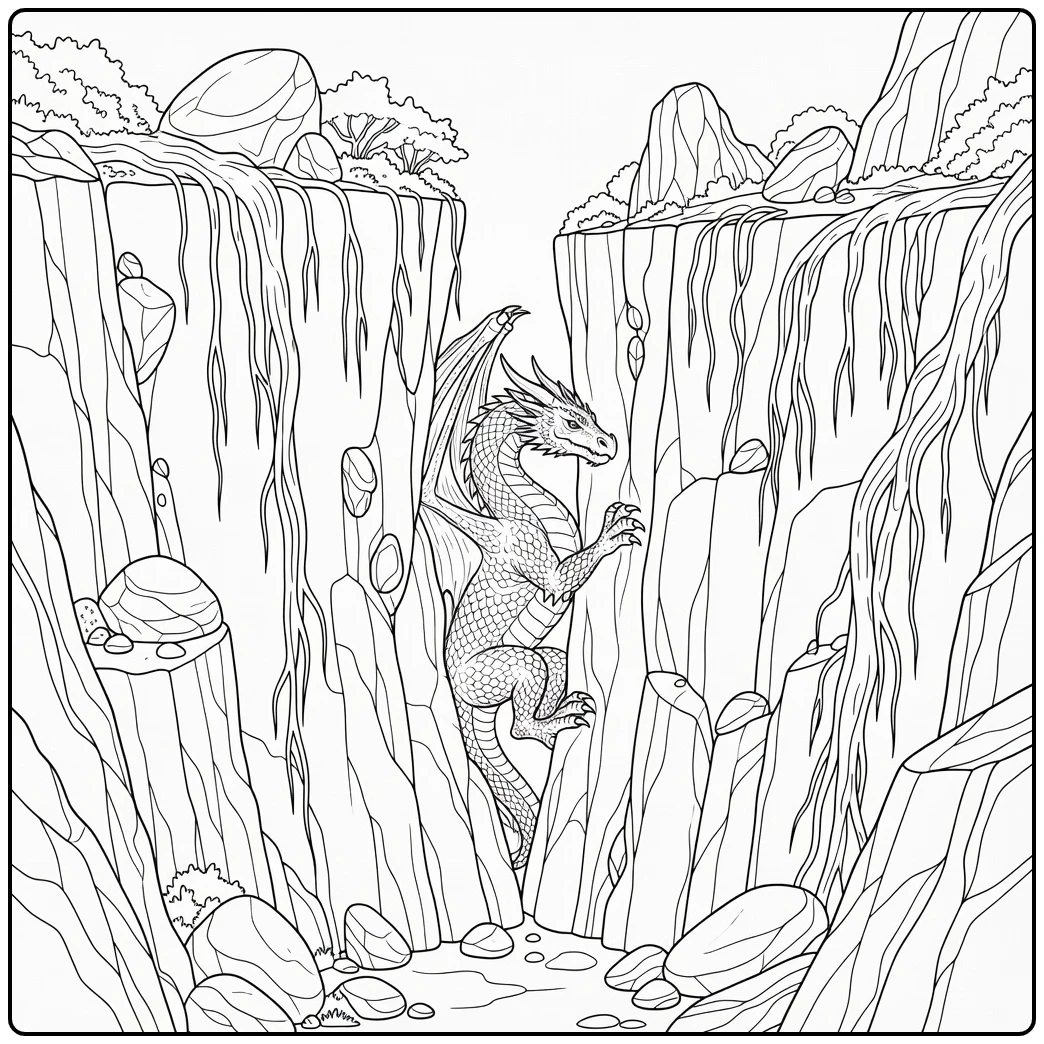 Realistic dragon coloring page squeezing through narrow cliff gap