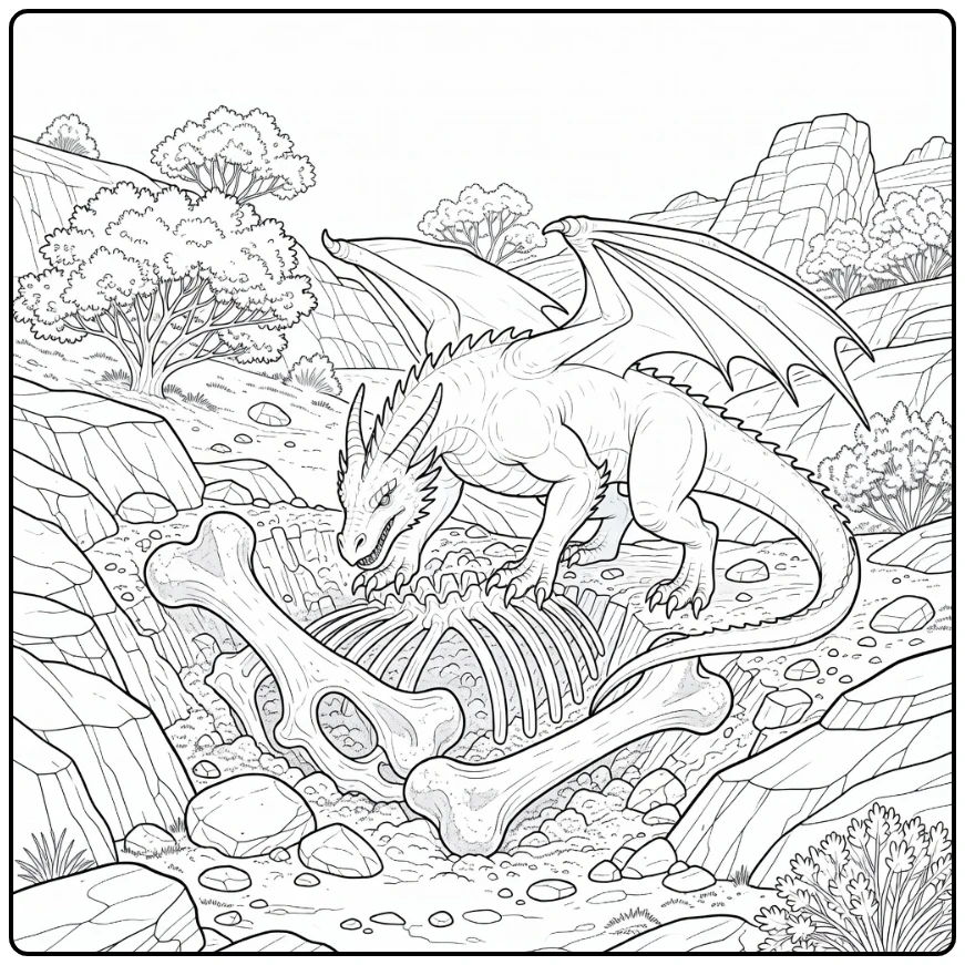 Realistic dragon coloring page digs up ancient bones on rocky hill
