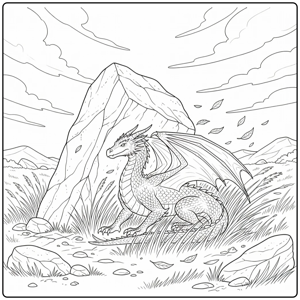 Realistic dragon coloring page: sheltering under monolith in wind
