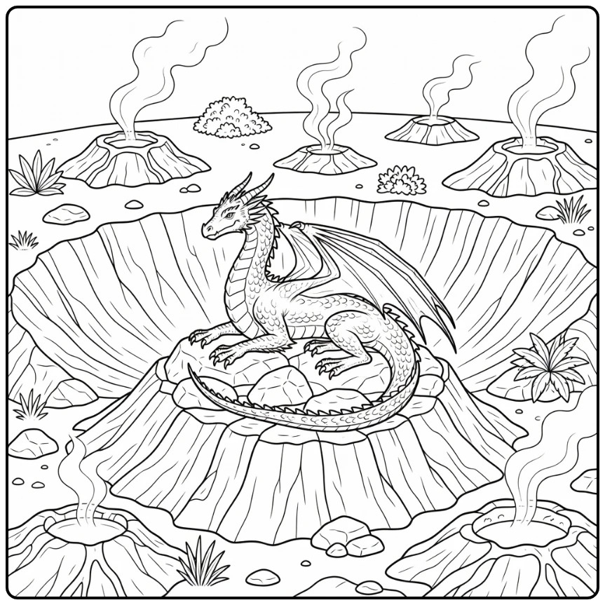 Realistic dragon coloring page on volcanic crater rim