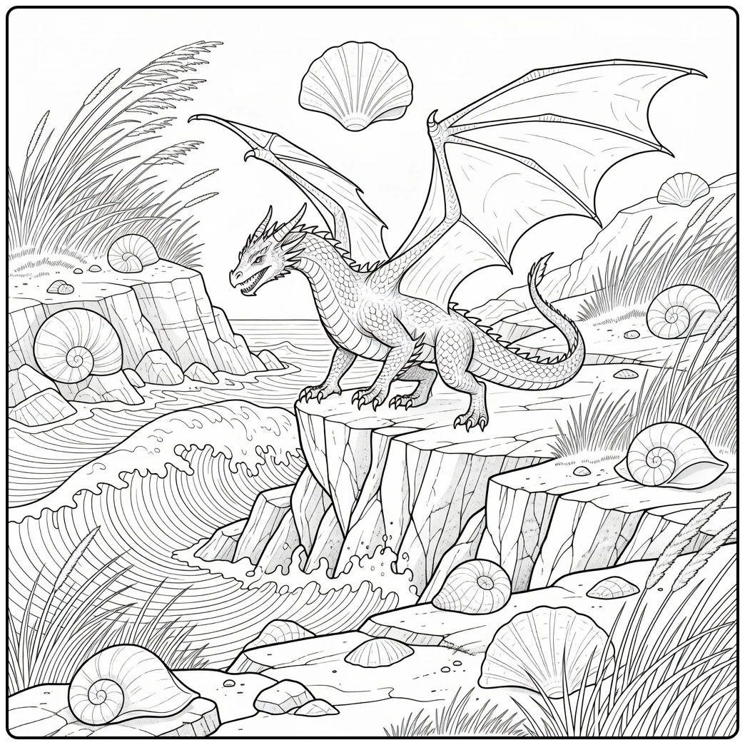 Realistic dragon coloring page landing on coastal cliff