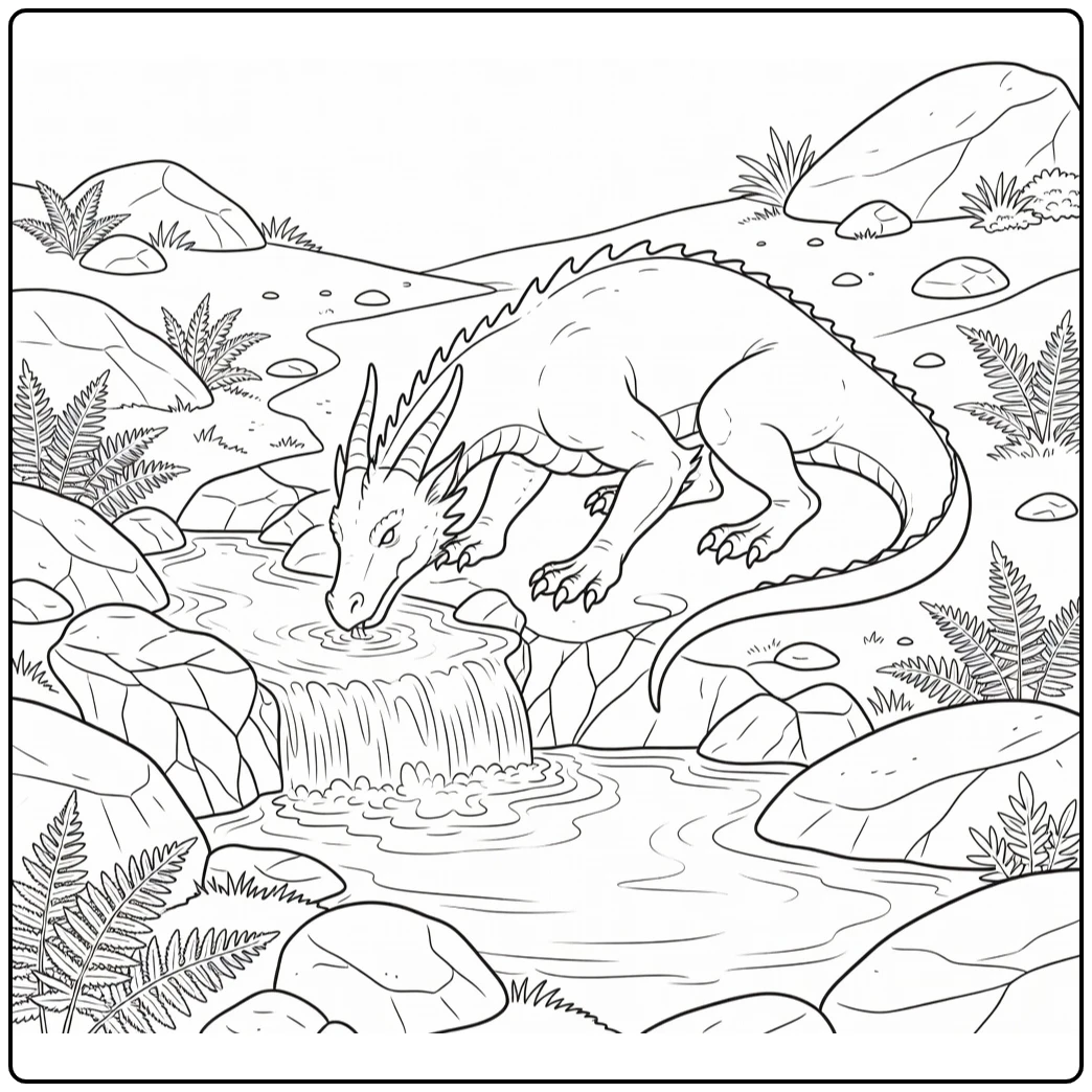 Realistic dragon coloring page: dragon drinks at mountain spring