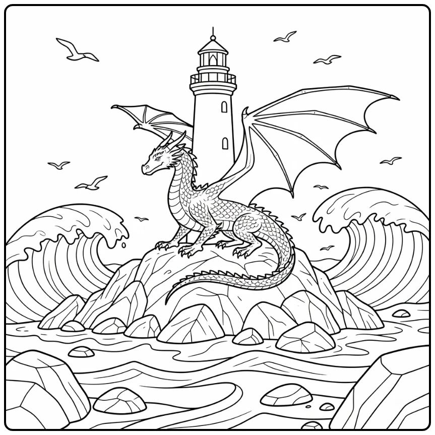 Realistic dragon coloring page circling lighthouse on rocky isle