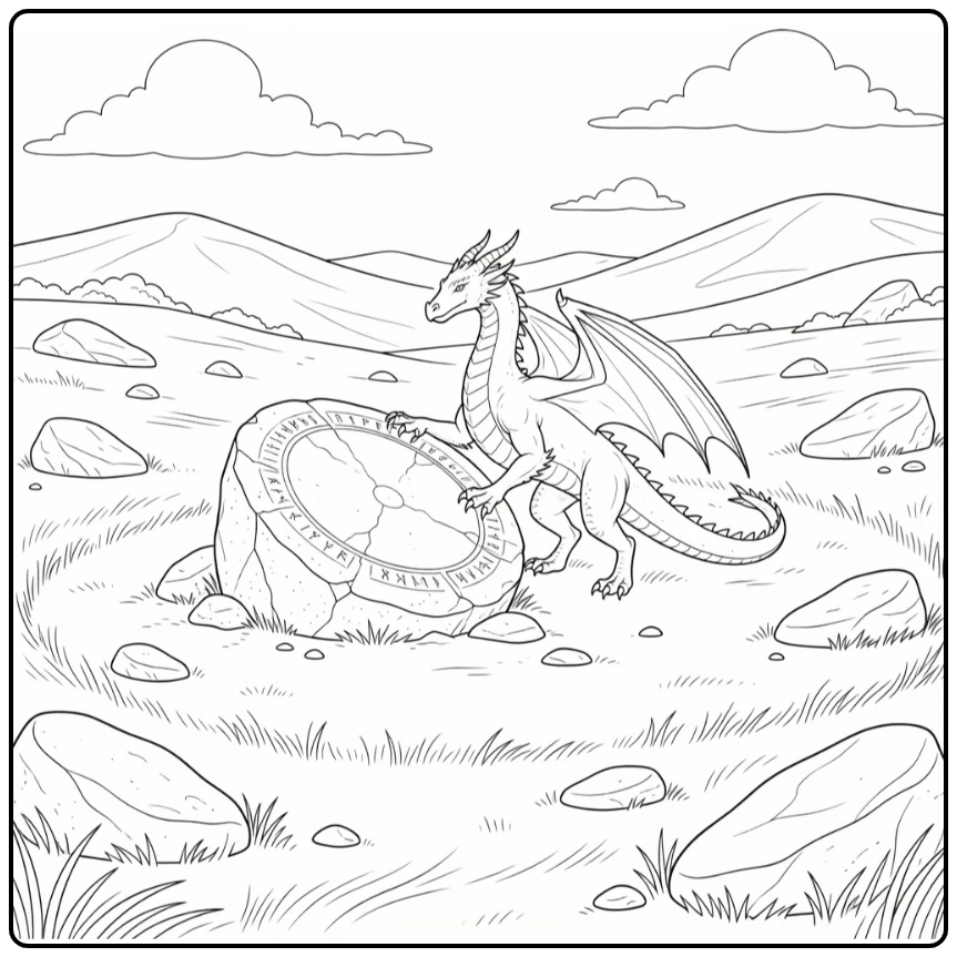 Realistic dragon coloring pages: dragon at cracked sundial