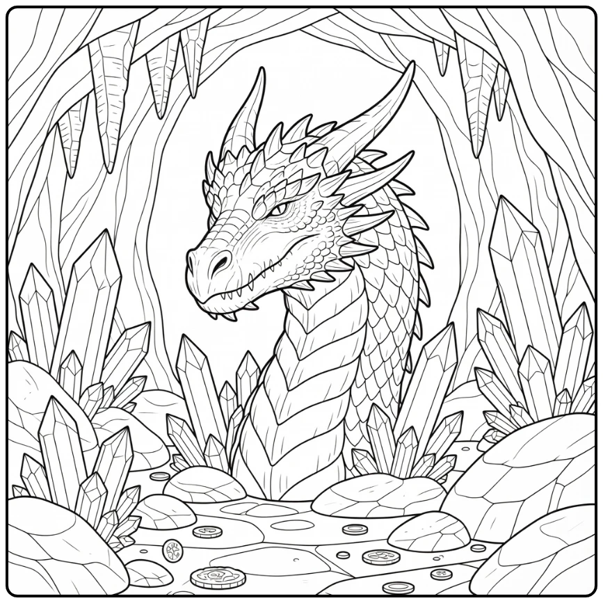 Realistic dragon head coloring page in crystal cave treasure