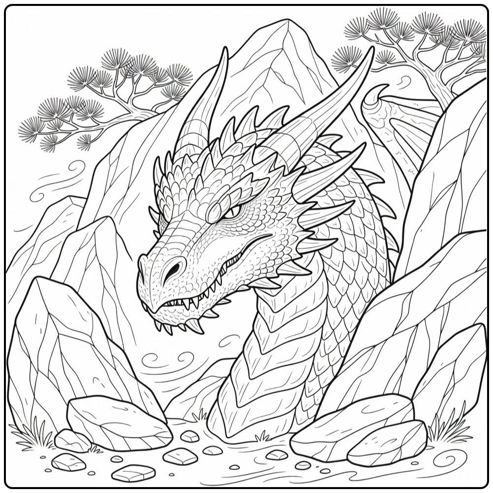 Realistic dragon head coloring page from jagged mountains