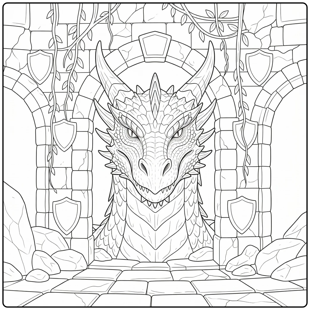 Realistic dragon head coloring page from castle ruins