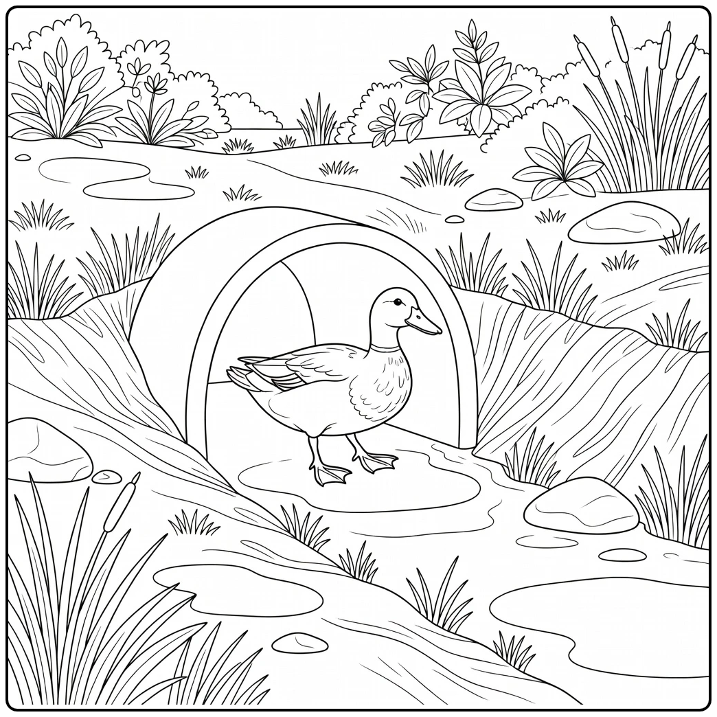 Realistic duck coloring page near arched culvert and ditch