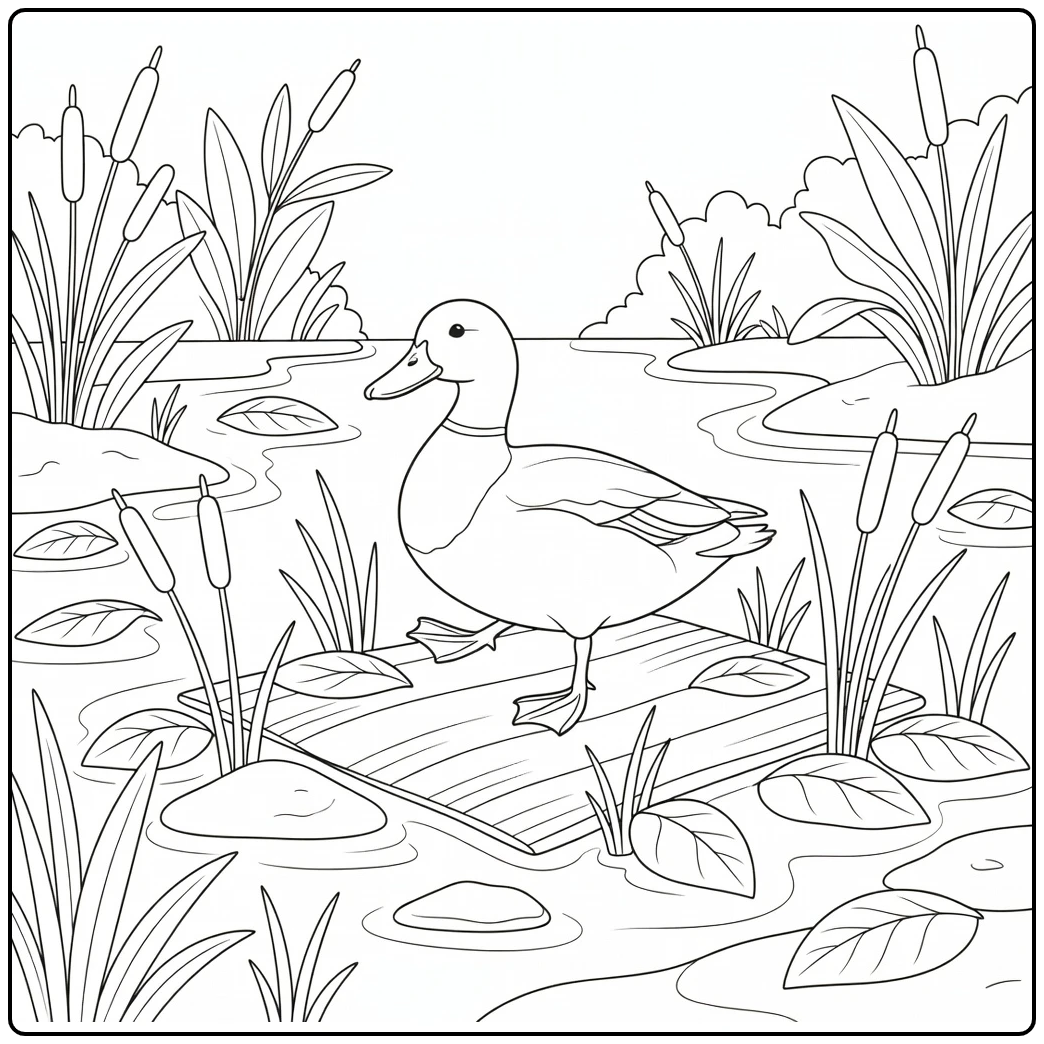 Realistic duck coloring page on reed mat in marsh