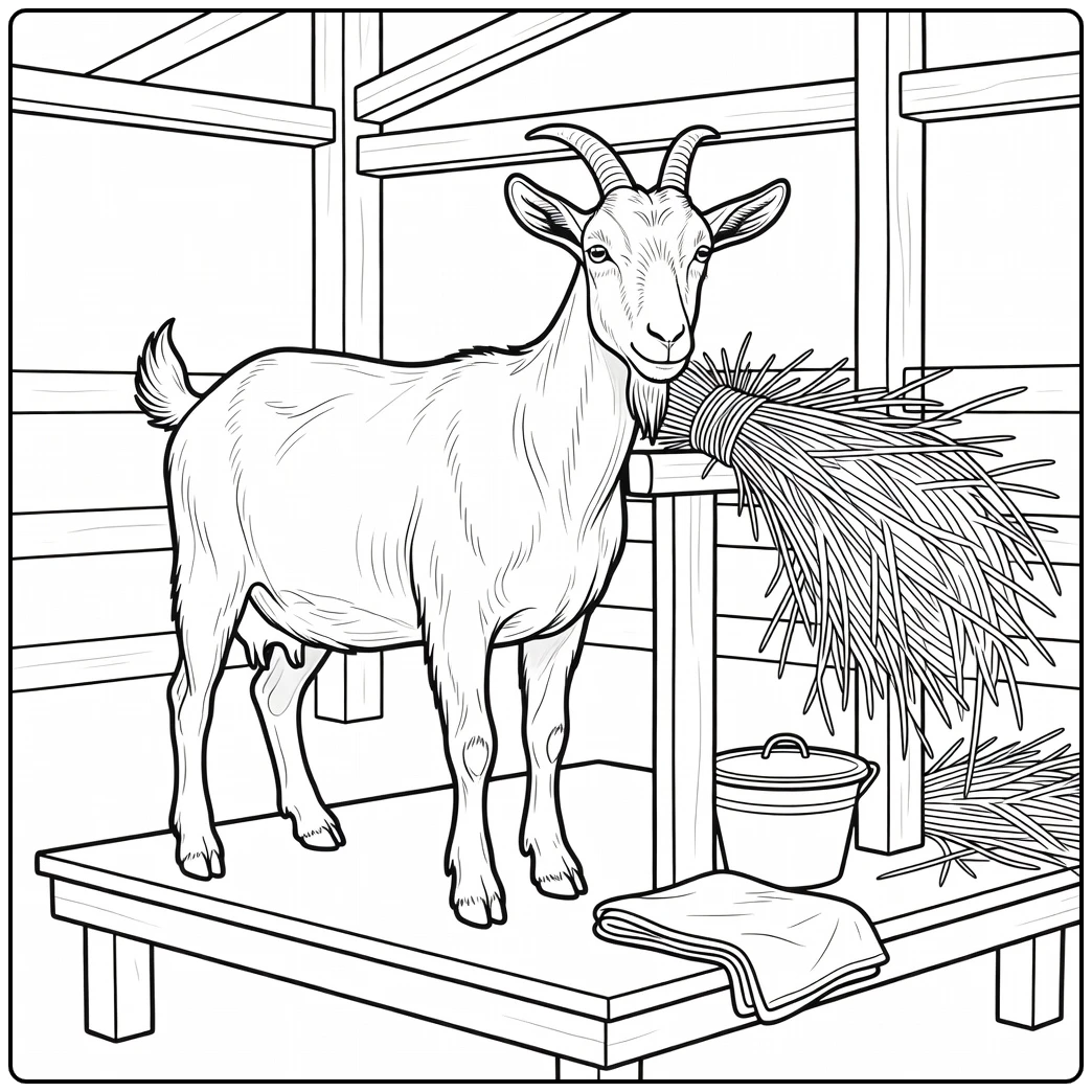 Realistic farm animal coloring page: dairy goat eyeing fodder on milking platform
