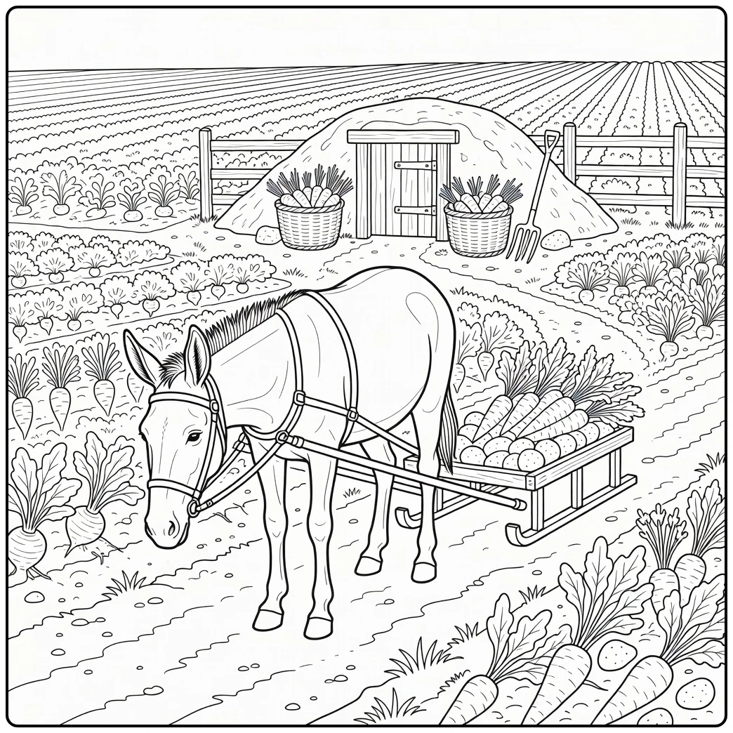 Realistic farm animal coloring page: mule pulls veggie sled on path