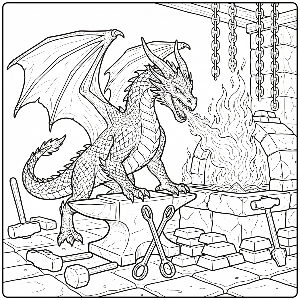 Realistic fire breathing dragon coloring page at anvil forge