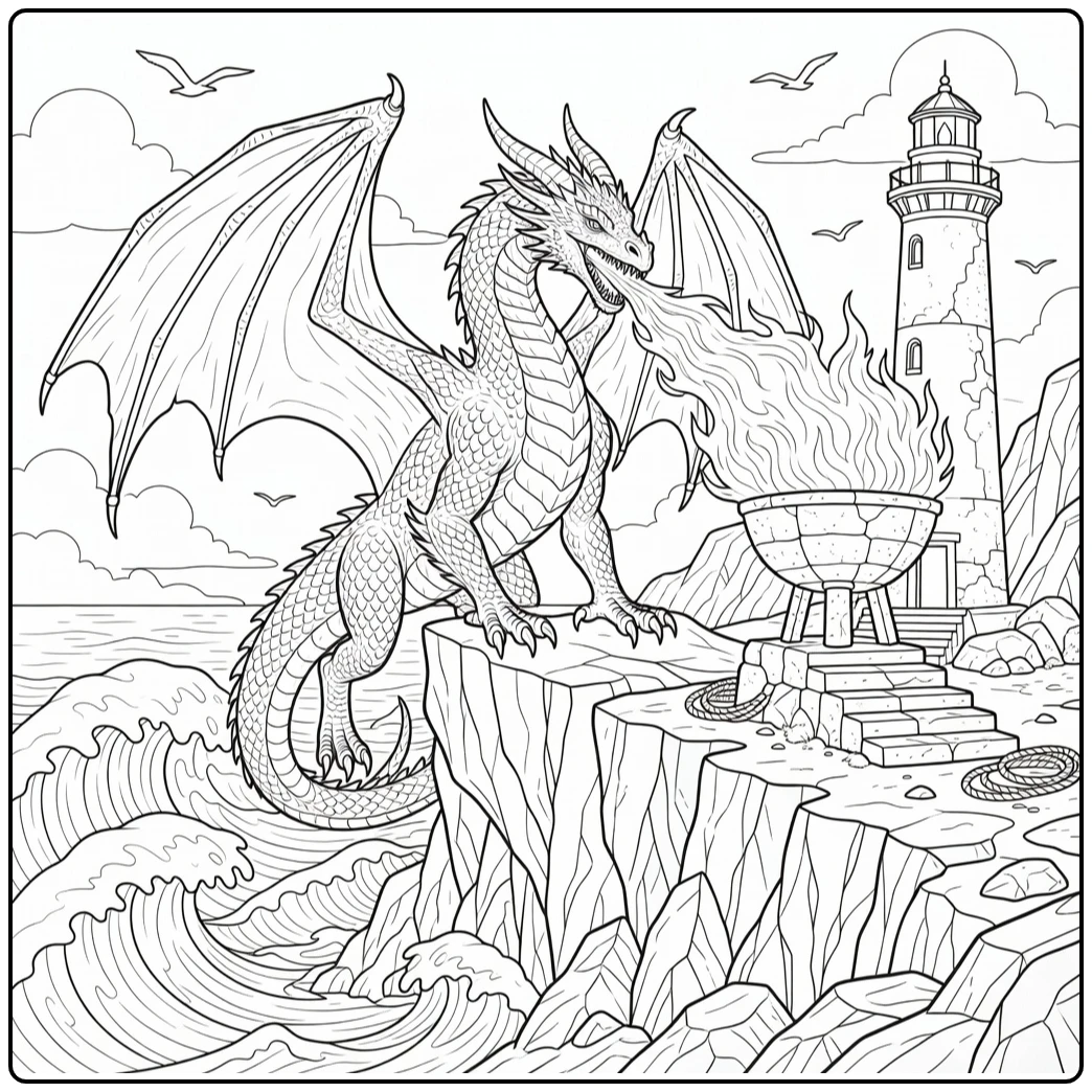 Realistic fire breathing dragon coloring page by lighthouse
