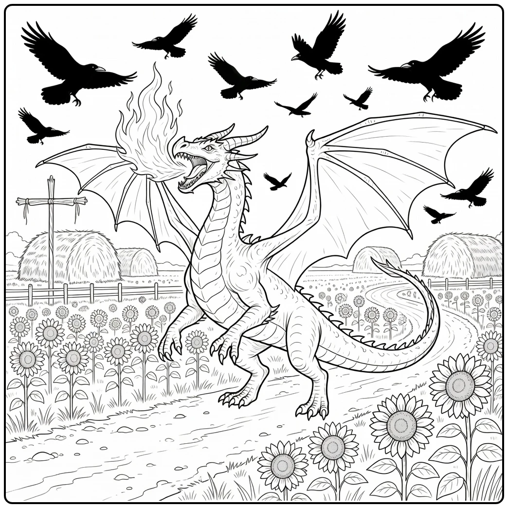 Realistic fire breathing dragon coloring page, crows fleeing