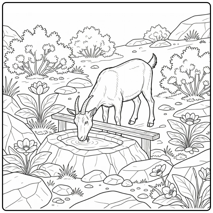 Realistic goat coloring page drinking at mountain trough