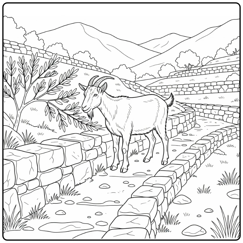 Realistic Goat Coloring Page Showing Goat on Stone Wall Path