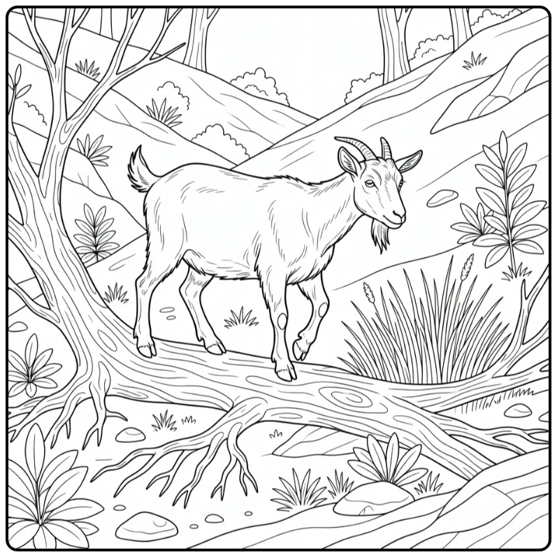 realistic goat coloring page goat on fallen tree in woodland