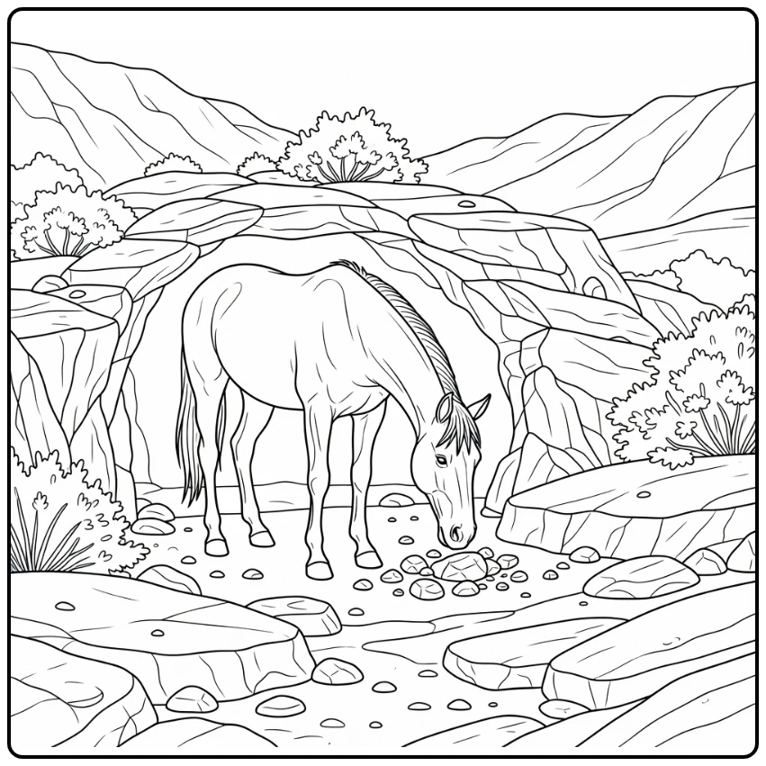 realistic horse coloring page by cliffside cave