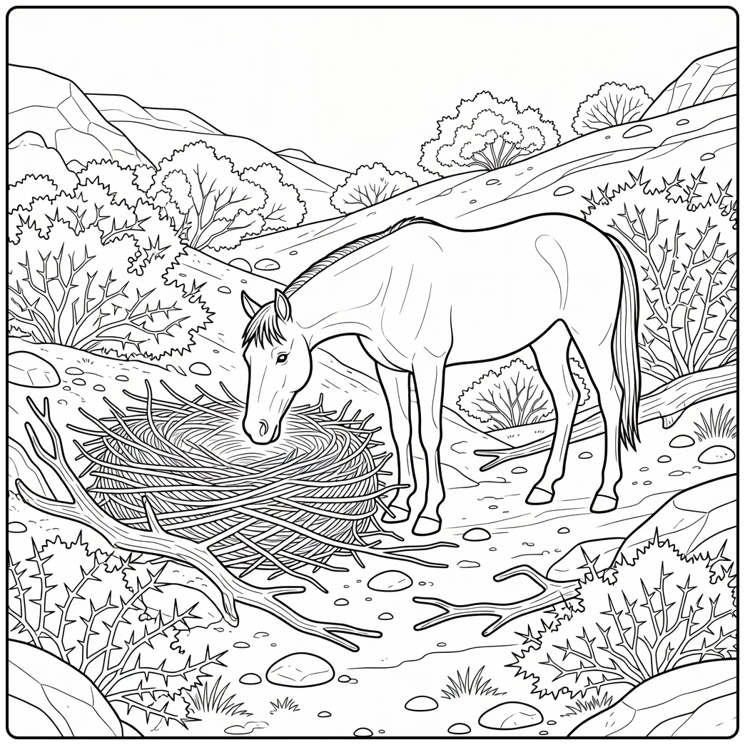 Realistic horse coloring page sniffing woven nest by hillside