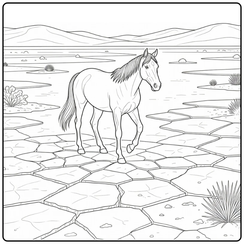 realistic horse coloring page walking on dry cracked lakebed