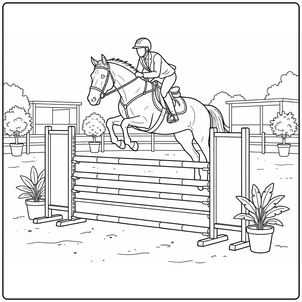 realistic horse jumping coloring page over arena oxer